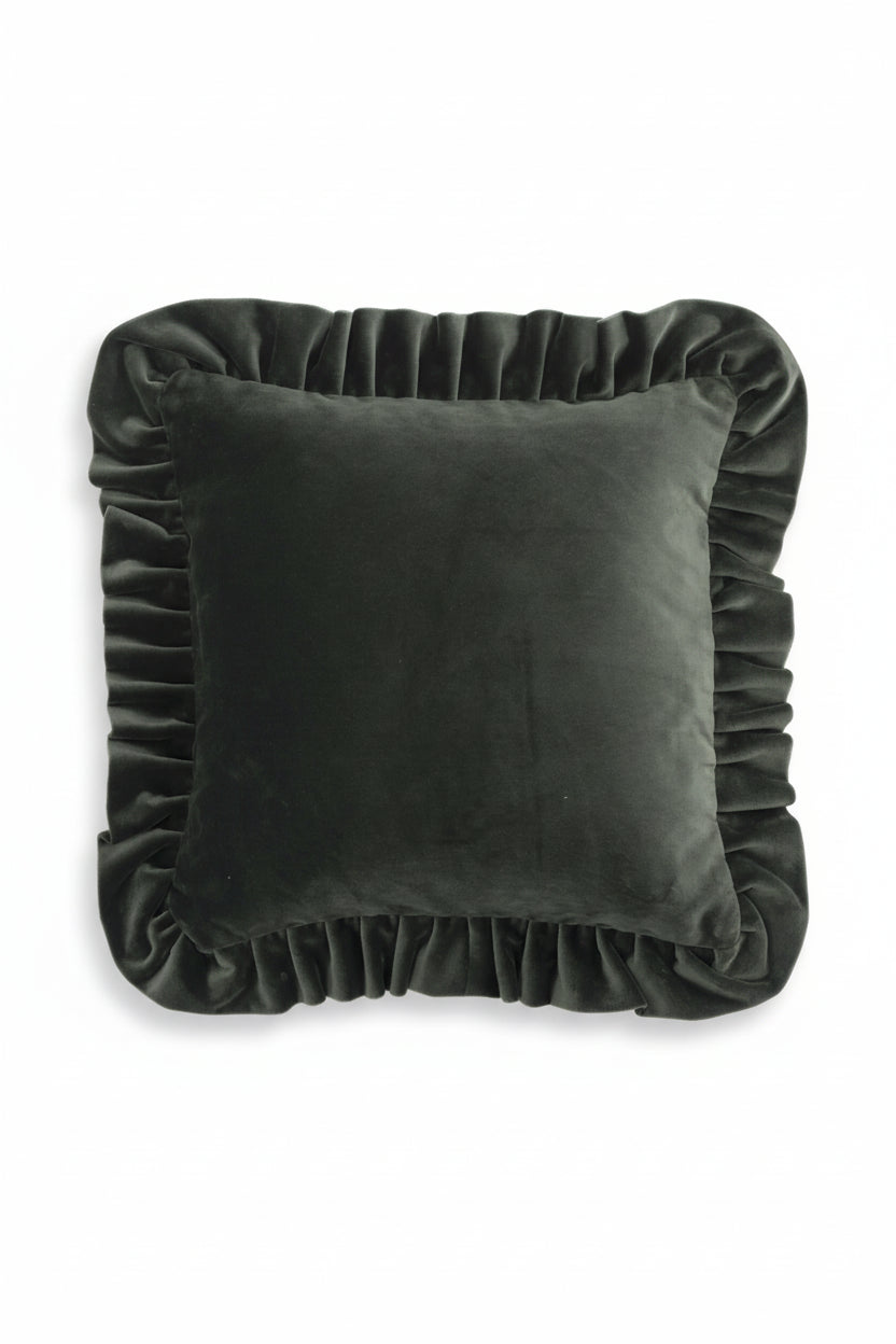 Kuddfodral 45x45cm - Velvet With Ruffle - Moss Green
