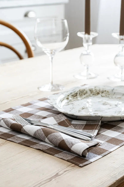 Linneservett - Gingham - Brun