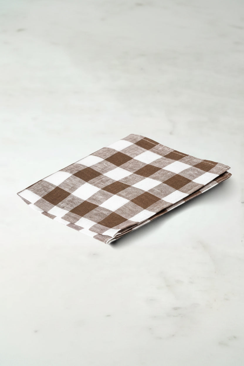 Linneservett - Gingham - Brun